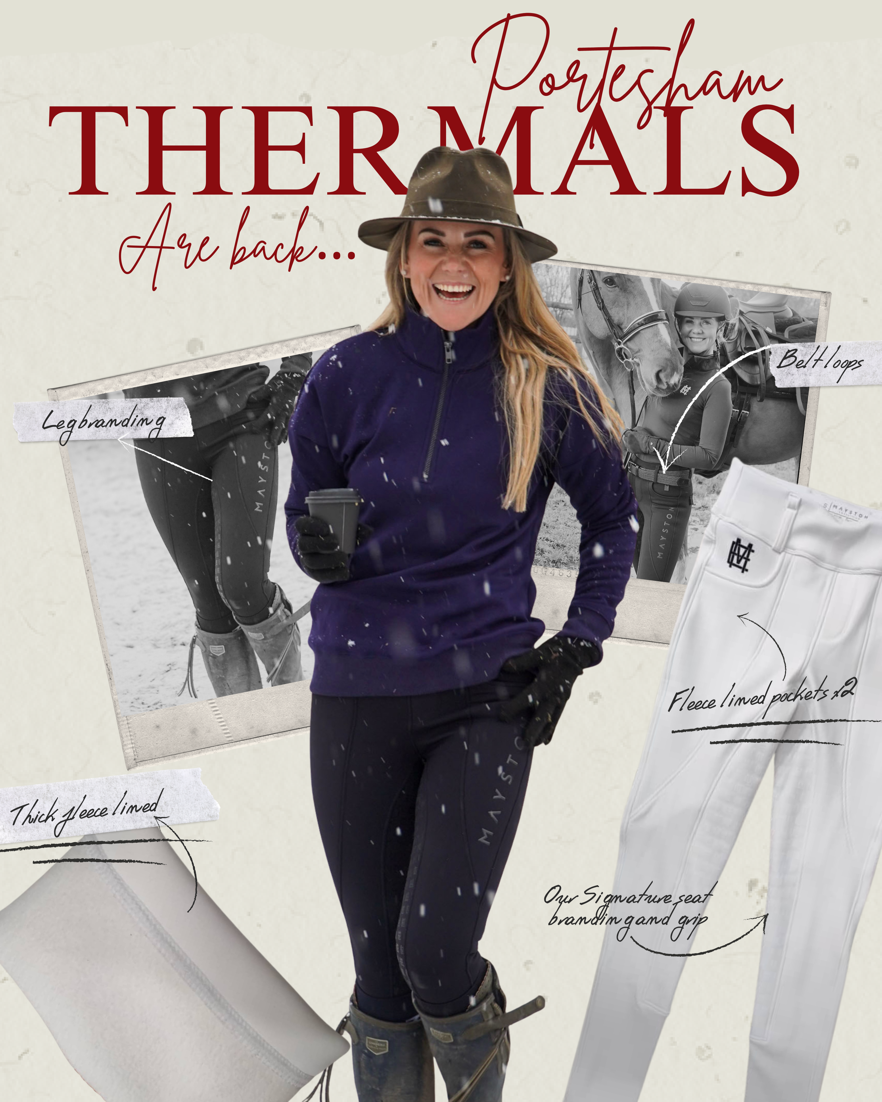 Woman in equestrian attire with text about Portesham Thermals. quality thermal breeches that aren't restrictive. luxury fleece lining, stretch material. high waist design. sleek black look with subtle logo and branding with a full silicone seat and deep pockets